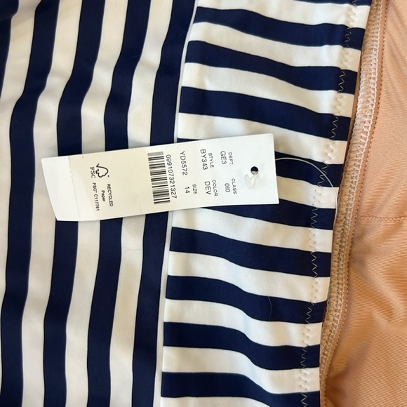 J. Crew Navy & White Stripe One Piece Swimsuit with capped sleeves & open back - Picture 3 of 5